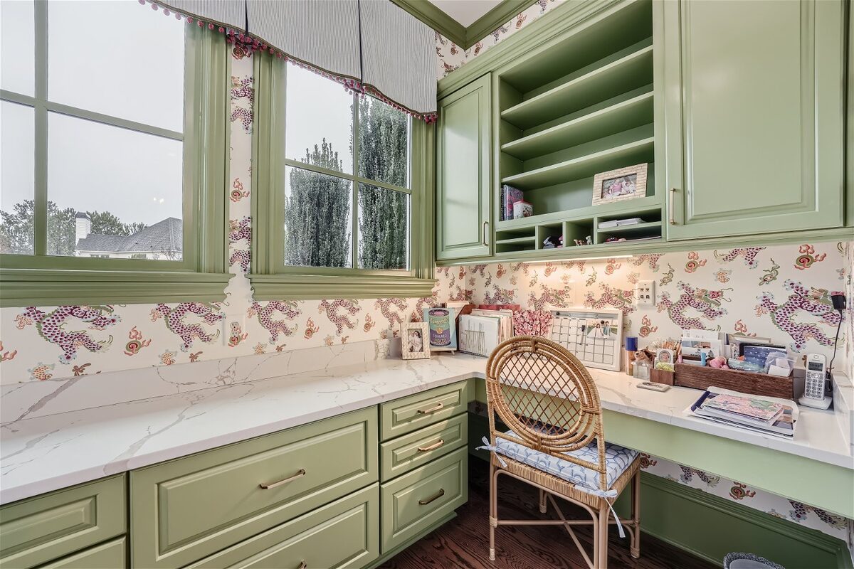 office-nook-green-cabinetry-floral-wallpaper-rattan-chair-atlanta-ga-optimized